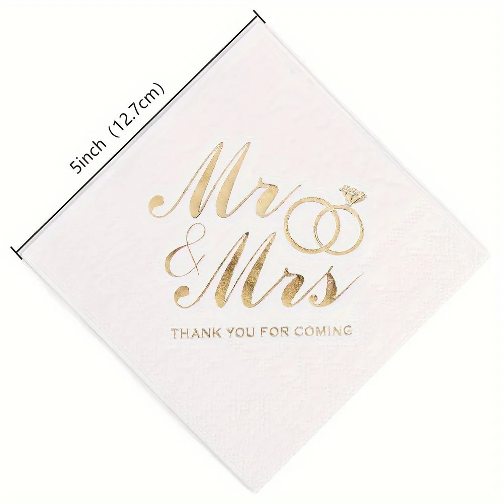 100pcs Bronzing Printed Mr Mrs Wedding Napkins 3-Ply Soft Cocktail Napkins Paper Disposable for Wedding Anniversary