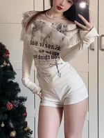 T-shirt manches longues femme, haut à épaules dénudées, Vintage, basique, blanc, Y2k, automne-hiver, années 2000 6