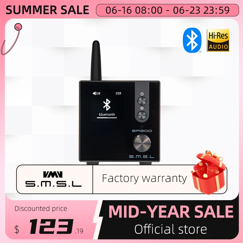 

SMSL SA300 HiFi Power-Amplifier High Power Bluetooth 5.0 Digital Amplifier Support APT-X MA12070 Chip Treble Gain Remote Control