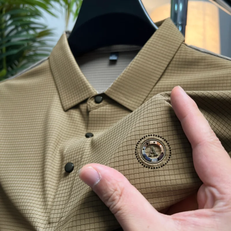 

DYXUE Summer High-end Seamless Short-sleeved Polo Shirt Lapel Solid Color Round Label A Word Business Casual Men's Top M-4XL