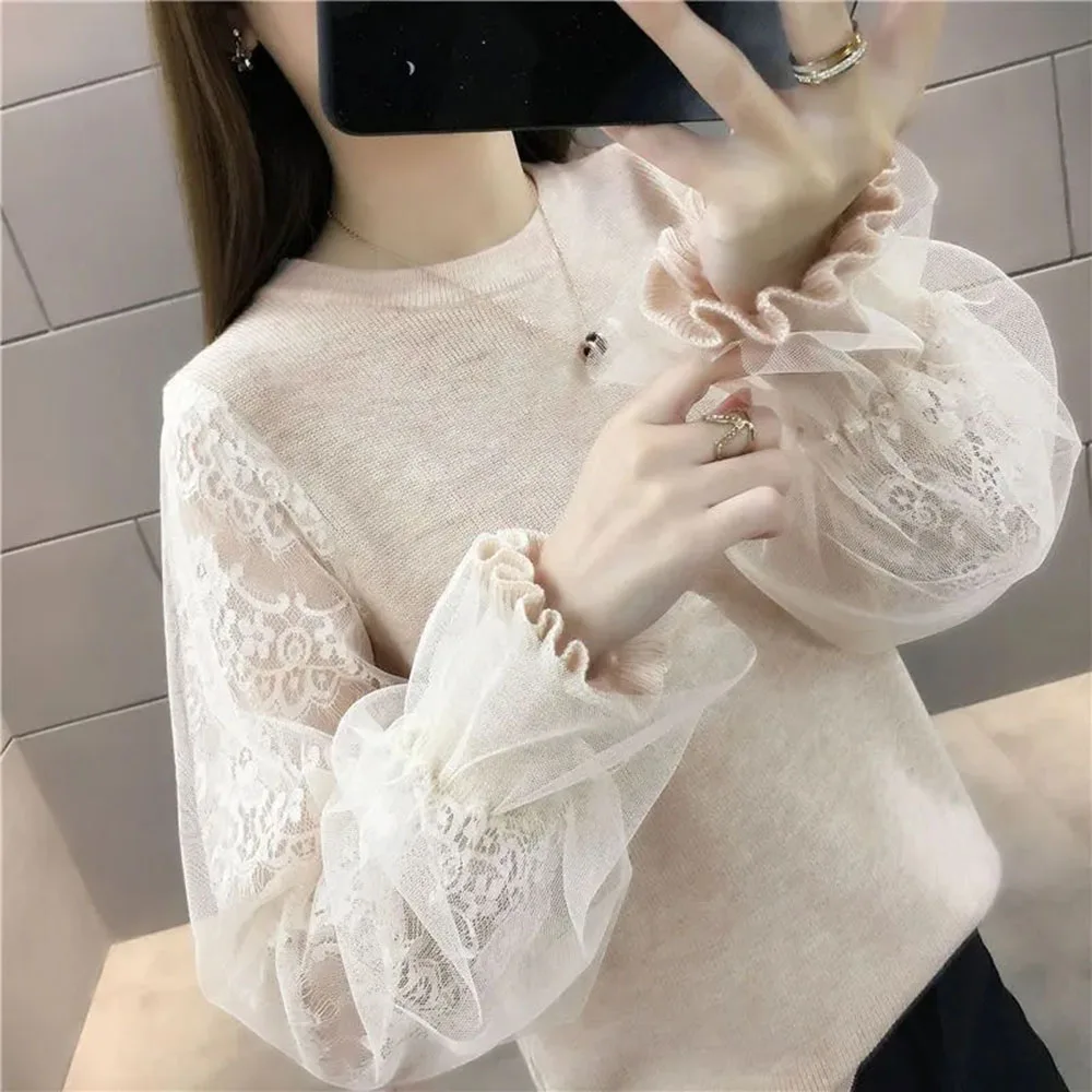 

Spring Autumn Women's Sweater Vintage Loose Knitted Tops Elegant Lace Lantern Sleeve Pullovers Female Bottoming Shirt For Women