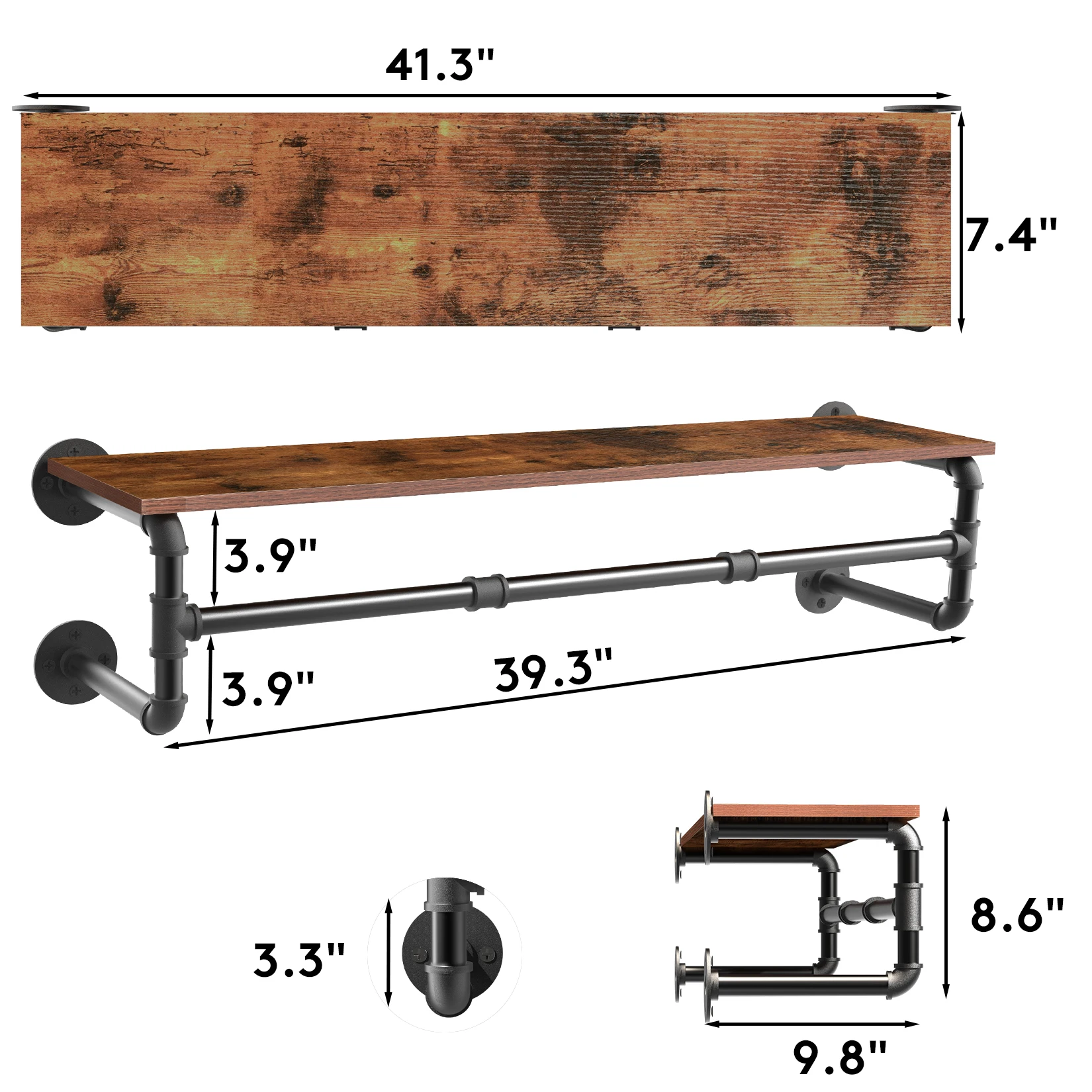 Industrial Pipe Clothes Rack with Wooden Shelf – Wall-Mounted Hanging Organizer for Bedroom, Closet, Entryway & Laundry Room 2