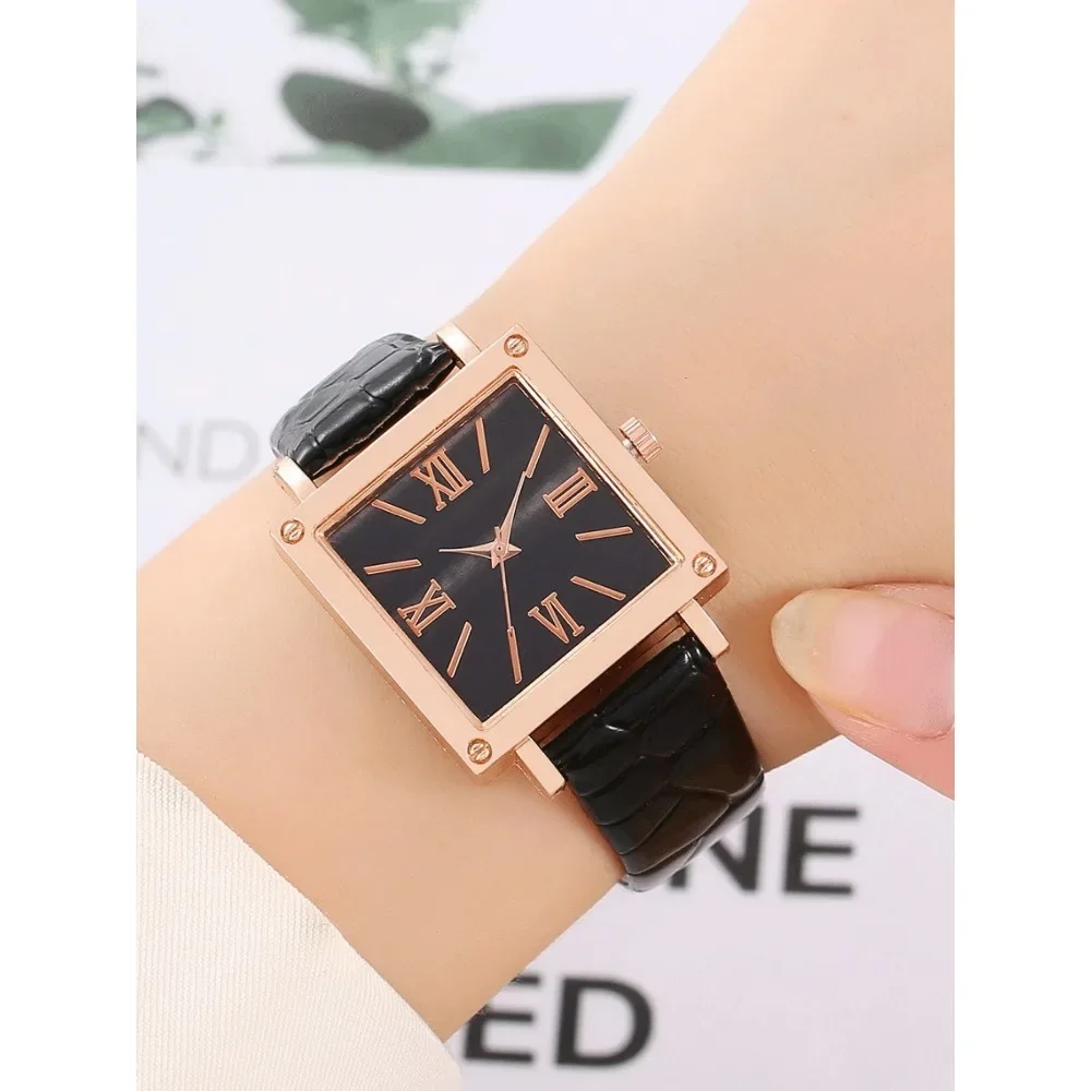 4-piece set of fashionable and simple women's square belt quartz watch retro high-end Roman watch set
