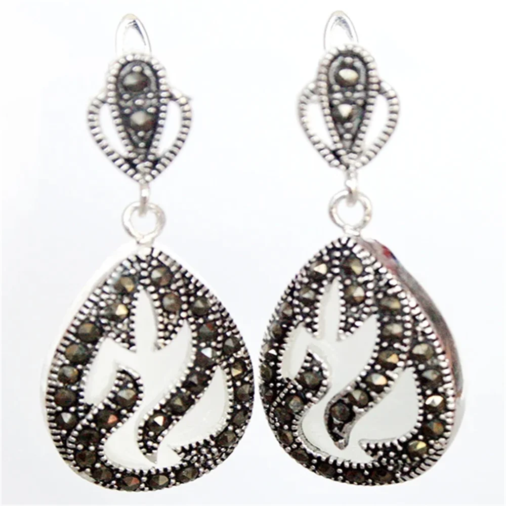 11/2 "Pinna Tendance 925 Argent Et Marcassite Intarsio Bianco Opale Waterdrop Boucles D'Oreilles