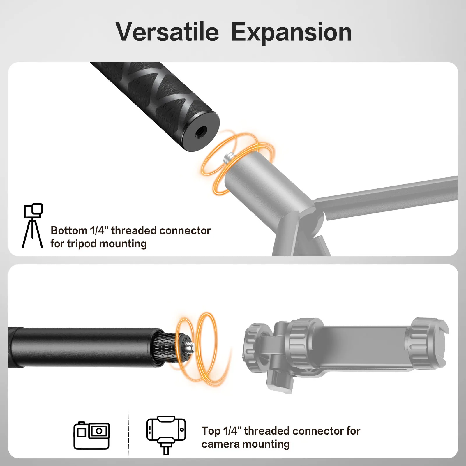 VYVIYON 114cm Invisible Selfie Stick,1/4" Extended Monopod Pole with GoPro Adapter Compatiable with Insta360 Sports Camera