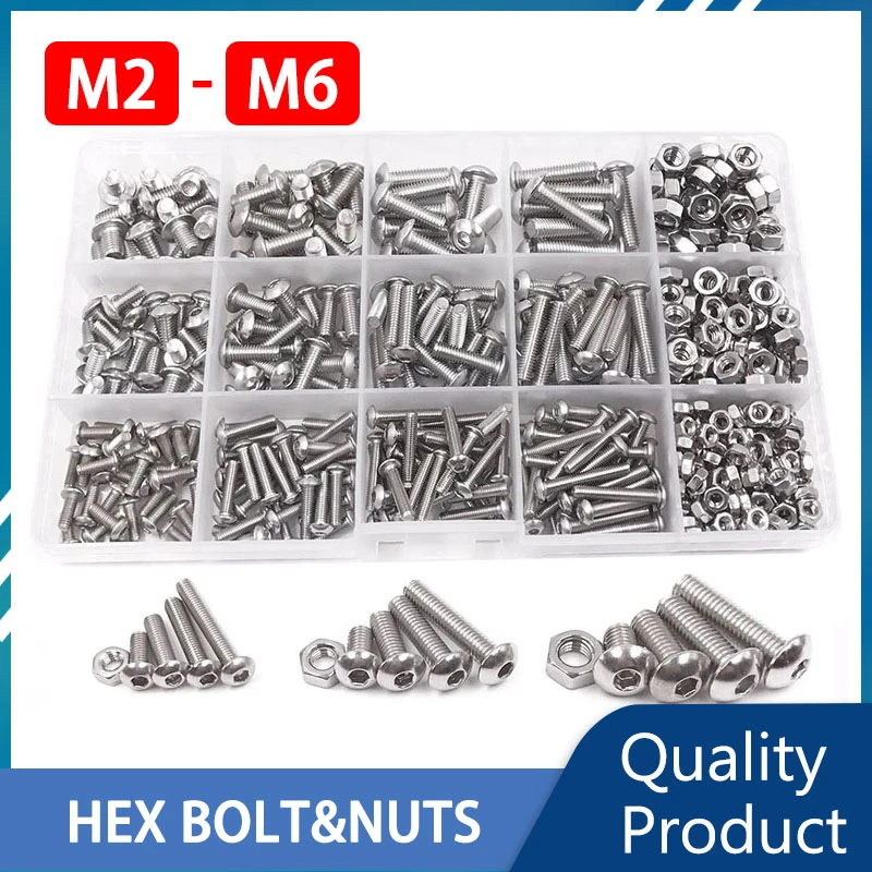 Hex Bolts And Nuts Set Stainless Steel Hexagon Button Round Head Allen