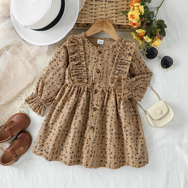 Robe à manches longues pour filles, tenue décontractée en velours côtelé à fleurs fragmentées, col rond, pour enfants de 1 à 6 ans, printemps et automne, 2025 1