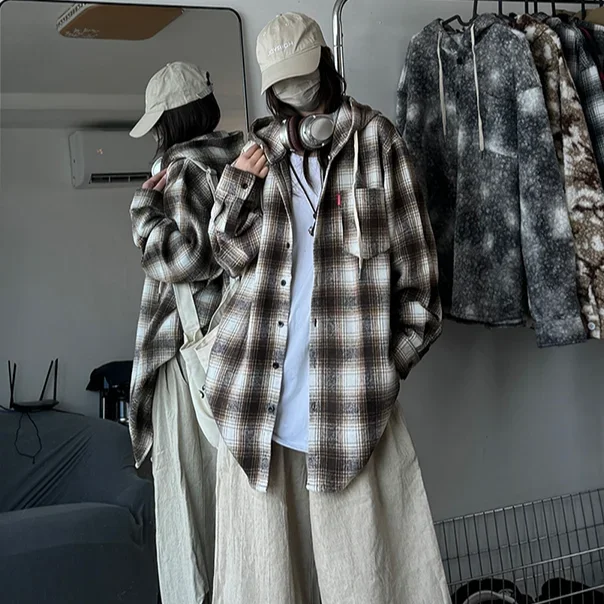 Men's Plaid Long Sleeve Mix Media Hooded Pullover