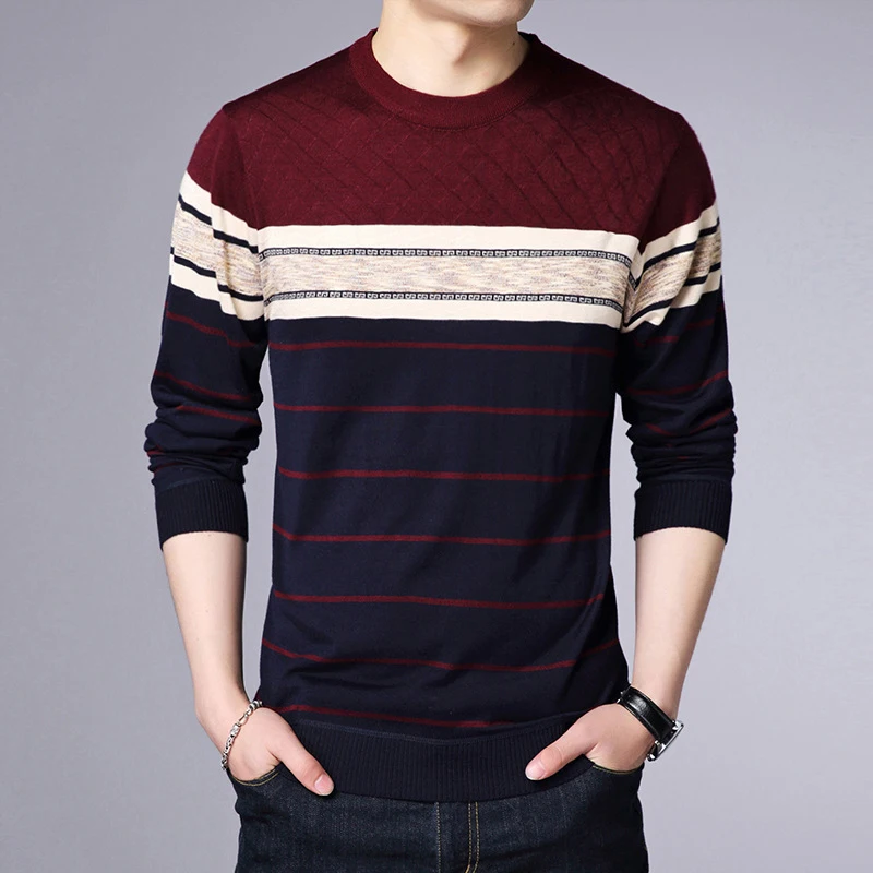 Men's Casual Striped Knit Spring and Autumn Long Sleeved Pullover Fashion Top