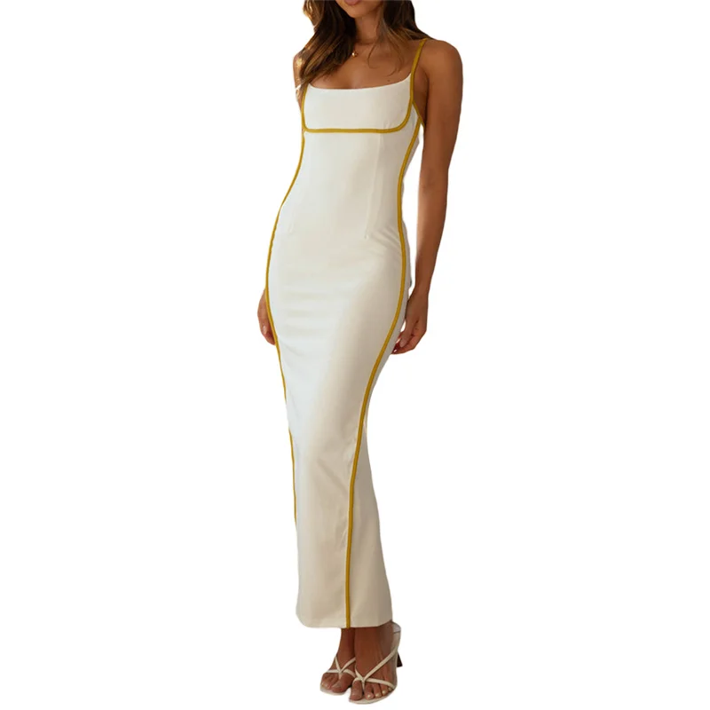 

Summer Contrast Color Women Bodycon Dresses Back Split Hem Party Streetwear Spaghetti Strap Strapless Skinny Long Dress Clubwear