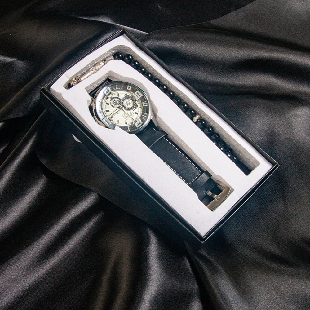 2PCS Set Fashion Mens Business Watches Men Casual Quartz Wrist Watch With Men's Rosary Bracelet Relogio Masculino + Box