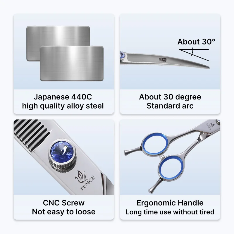 Fenice Professional 7.0/7.5/8 Inch JP440C Steel Left Hand Shears Blue Diamond Double Tail Nail Scissors Set for Pet Dog Grooming dog grooming scissors