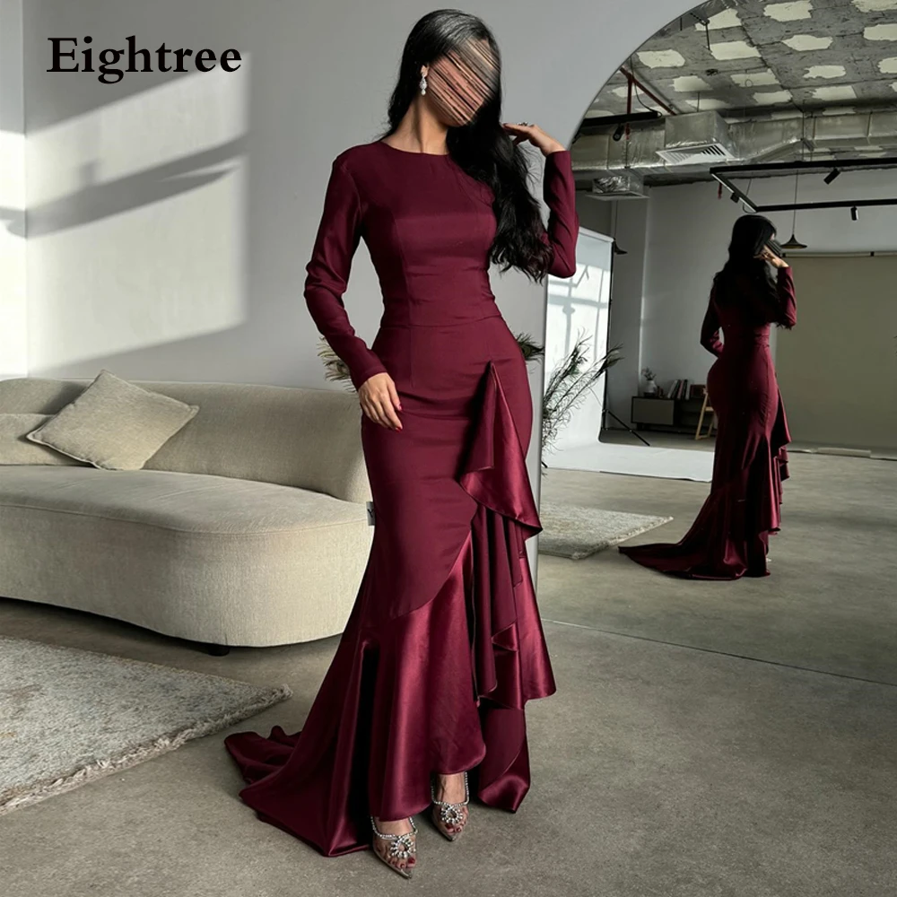 

Eightree Sexy Burgundy Mermaid Eveing Dresses Long Sleeves Arabic Dubai Formal Event Dress Asymmetric Ruffles Prom Party Gowns