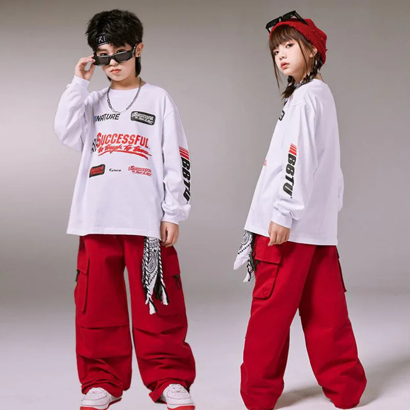 

Boys Streetwear Girls Hip Hop White Sweatshirt Sweatpants Kids Street Dance Pants Clothes Sets Child Jazz Outfit Cool Costumes