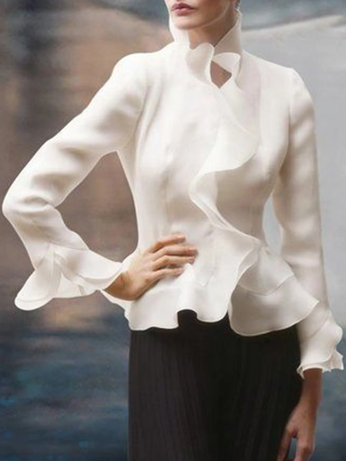 thumbnail image 1 of Blusas asimétricas elegantes para mujer, blusas de primavera y otoño, blusas elegantes con volantes, camisas de manga larga con cuello alto para mujer, blusas de gran tamaño, 1 of 3