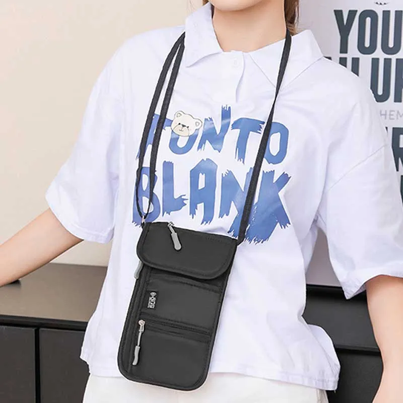 Portable Crossbody Bag Travel Passport Document Bag Multi-Function Ticket Card Storage Bag Oxford Cloth Neck Hanging Phone Bags