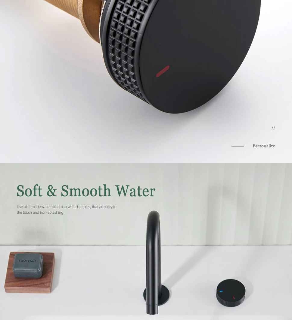 2 Holes Matte Black Basin faucet Single Knurled Switch Deck Mounted Widerspread Mixer Hot And Cold Sink Tap 2 Kit Brass Holder