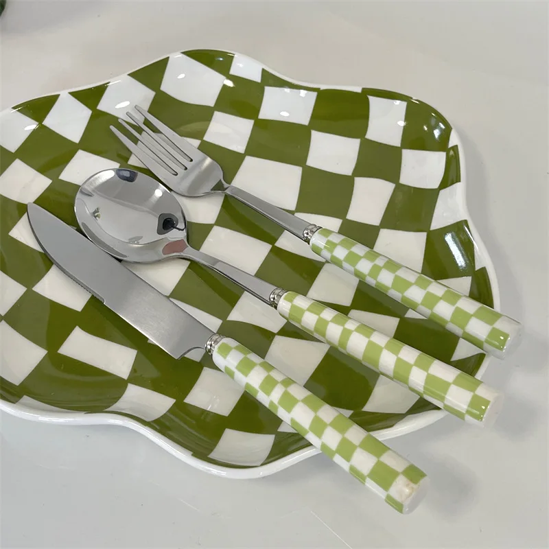 Nordic Ceramic Chessboard Plaid Plate Jewelry Dish Lipstick Storage Plates Food Fruit Dessert Dinner Plates Decoration Tray