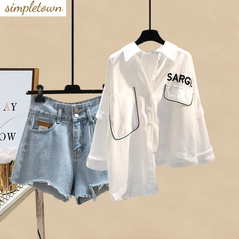 Fashion Casual Set Women's Spring/Summer 2023 New Korean Version Slim Irregular Shirt Slim Fit Denim Shorts Two Piece Set