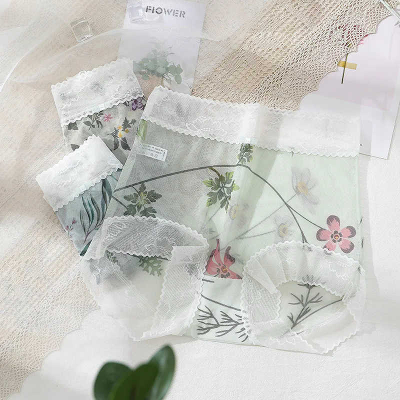 

3pcs/set Lace High Waist Women's Panties Seamless Mesh Breathable Abdominal Shorts Small Fresh Print Sexy Panties Women