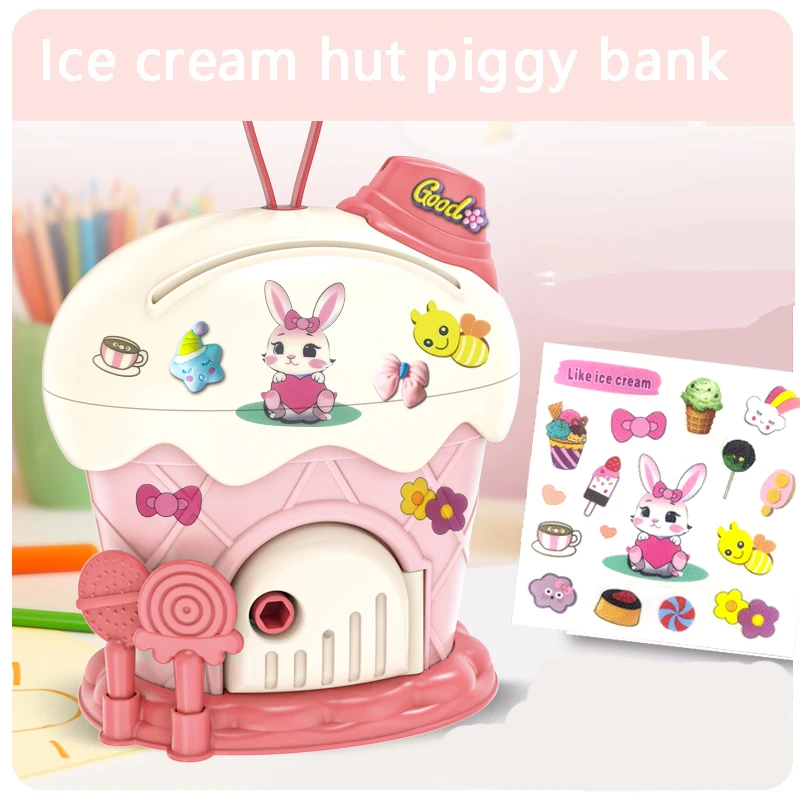 Kids Piggy Bank Ice Cream Hut piggy bank Cartoon DIY Stickers Saving Money Box with Keys Kawaii Large Capacity Toy for Kids Gift