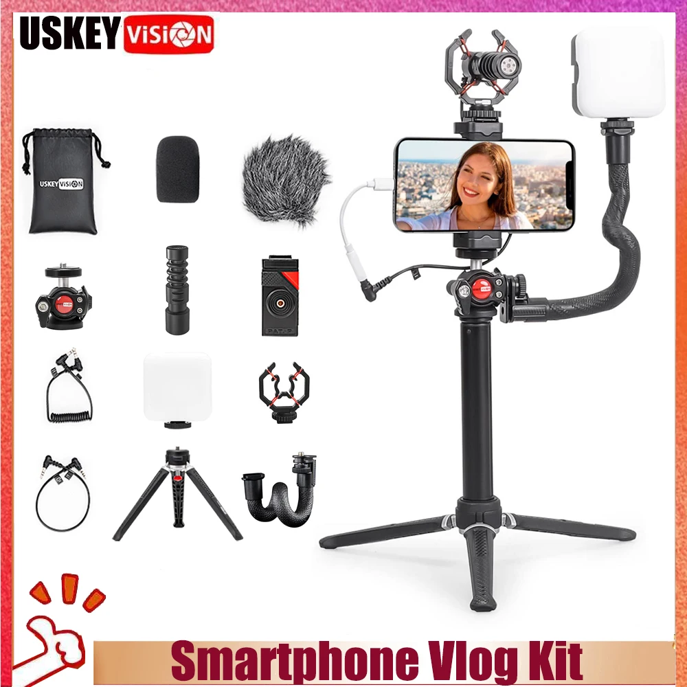 

Комплект для видеозаписи со смартфона USKEYVISION, комплект для видеозаписи со вспышкой с микрофоном для YouTube, оборудование с удлинителем, Рик для записи видео