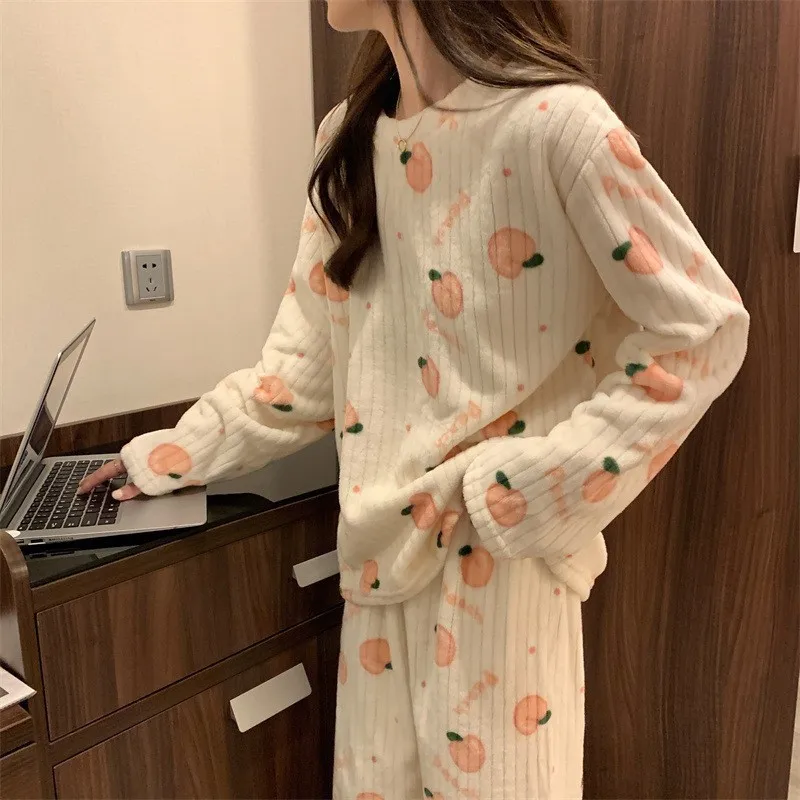 Coral Fleece Bear Print Warm Set Winter Cozy Sleepwear Cute Cartoon Girls Home Outfit Comfortable Loungewear Soft Pajamas