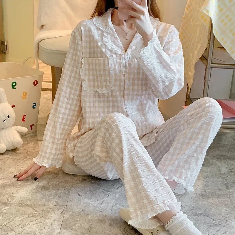 

Pajama Sets Women Plaid Long Sleeve Turn Down Collar Loose Casual Soft Breathable Korean Style Sleepwear Simple Sweet Students