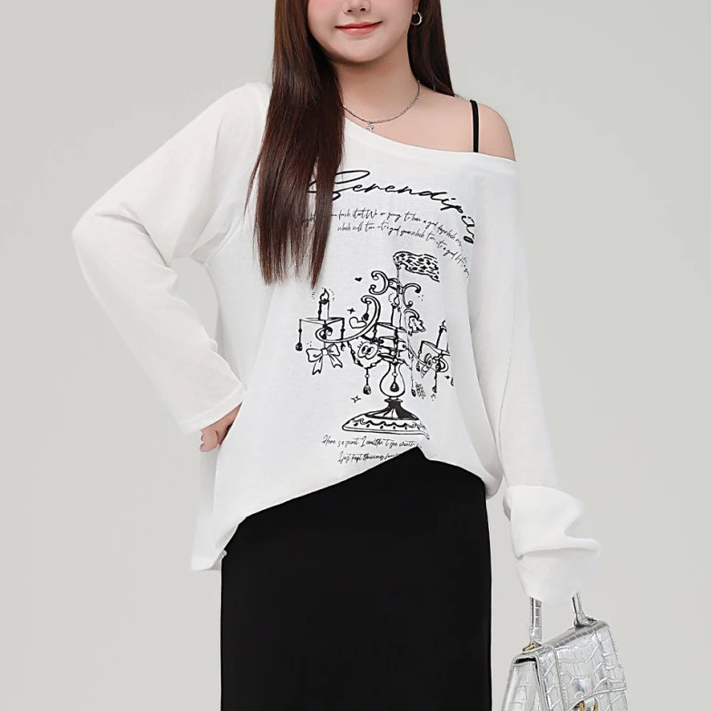 Plus Size Casual Cotton Off-Shoulder Graffiti Print Long Sleeve T-Shirt, Comfortable Loose Fit Top For Women, Spring Summer Tee