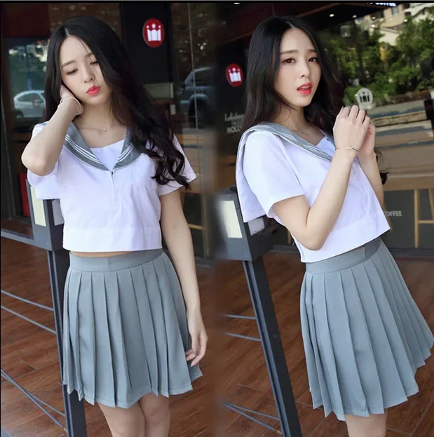 Japan South Korea School Uniform Short Sleeve Tops and Pleated Skirt British Navy Style Sailor Uniform Student Uniform