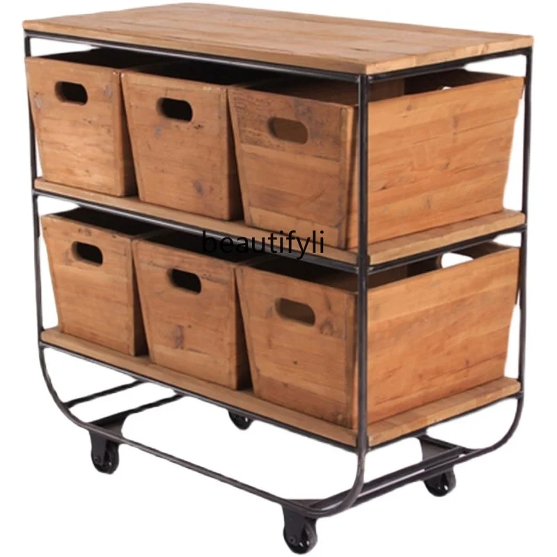 

zqSolid Wood Chest of Drawers Six Buckets Chest of Drawer Lockers Movable Side Cabinet Four Doors Retro Iron Art Cabinets