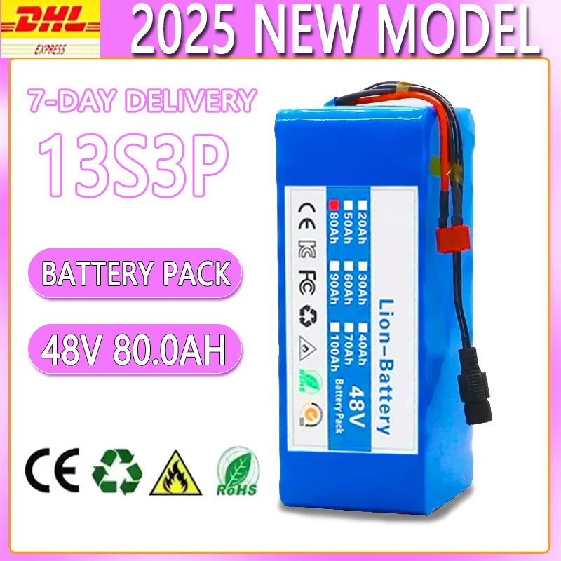 2025 new EU shipment 48V 100Ah 2000W 13S3P DC/T Lithium Ion Battery Pack Suitable for 48V motors with BMS+54.6V Charger