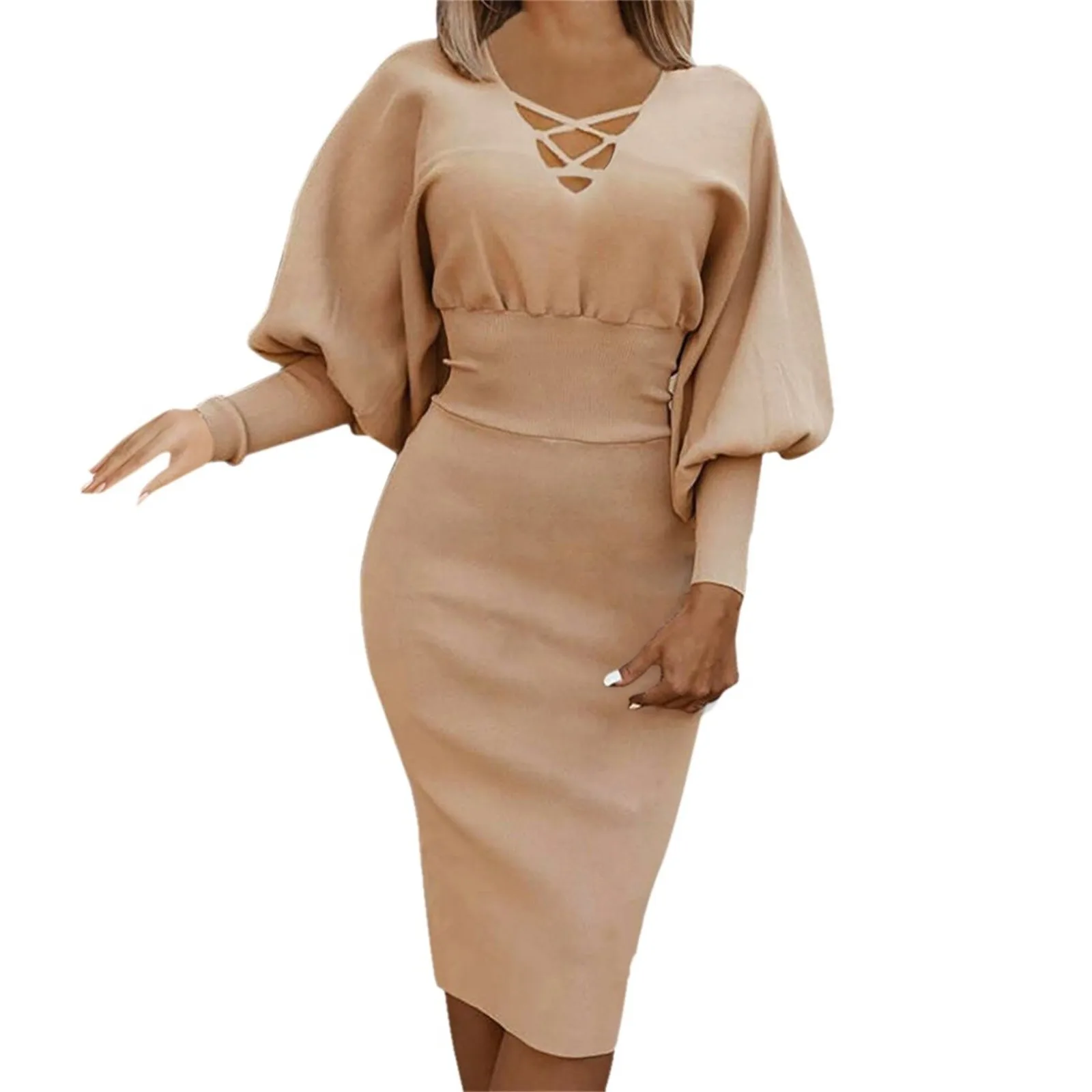 

Women Sexy Deep V-Neck Drawstring Pleated Hip Skirt Long Sleeve Tight Dress A-Line Skirt Streetwear Spring 롱스커트 Streetwear