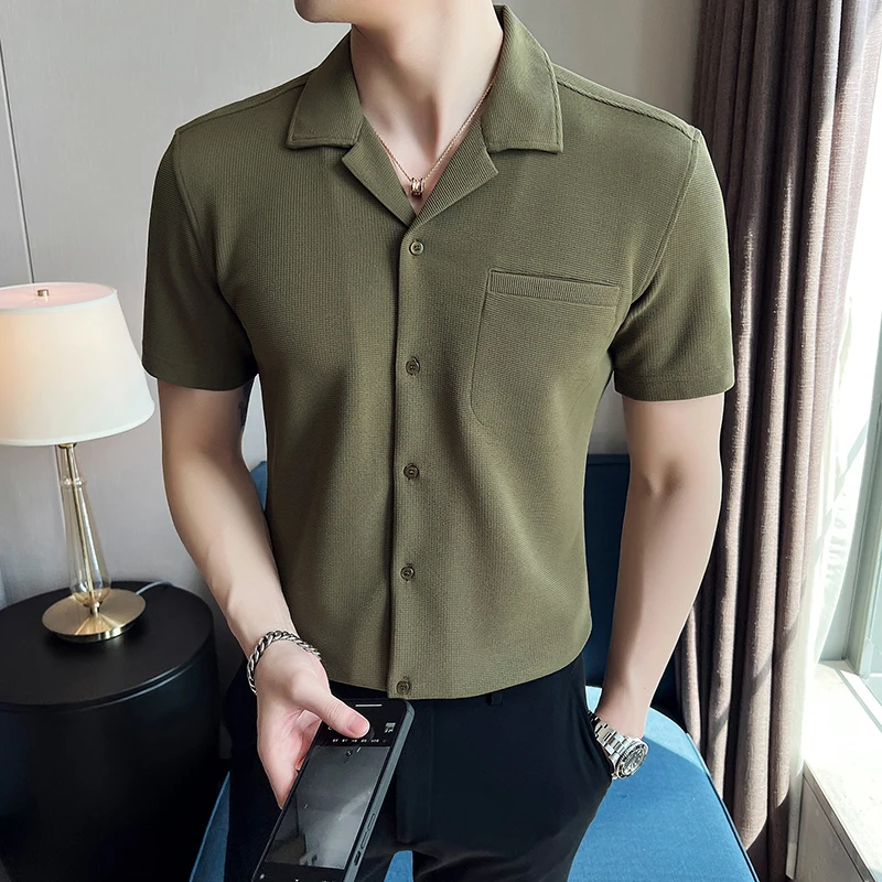 

2023 Summer Men's Ice Silk Fabric Slim Fit Short Sleeve 3 Color Shirts Fashion Trend Breathable V-neck High-quality Shirts