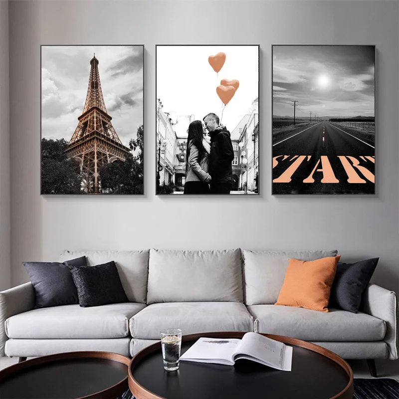 

Modern Fashion Tower Canvas Painting Landscape Ferris Wheel Balloon Wall Art Posters Tram Road Pictures Living Room Decor