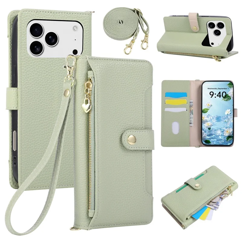 Sleek Crossbody Leather Wallet Phone Case with Wrist Strap and Card Holder
