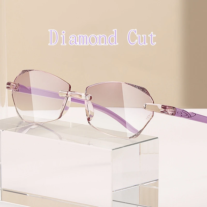 

Women Rimless Reading Glasses Luxury Diamond Cutting Frame Anti Blue Light Eyeglasses Finished Optical Eyewear +1.0 To +4.0