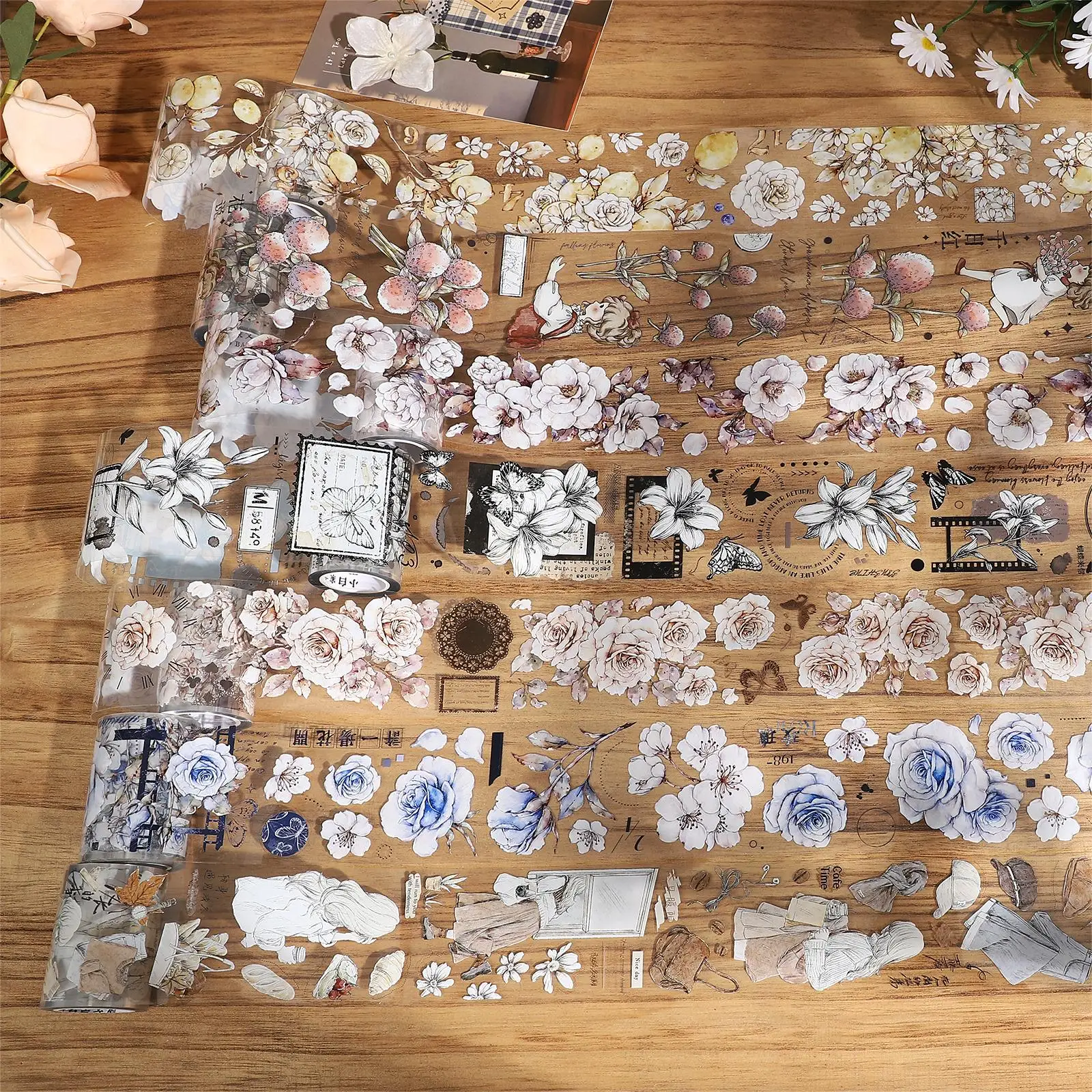 빈티지 식물 꽃 캐릭터 조경 pet 테이프, 창의적인 DIY 저널 소재 콜라주 스크랩북 문구, 600cm/롤