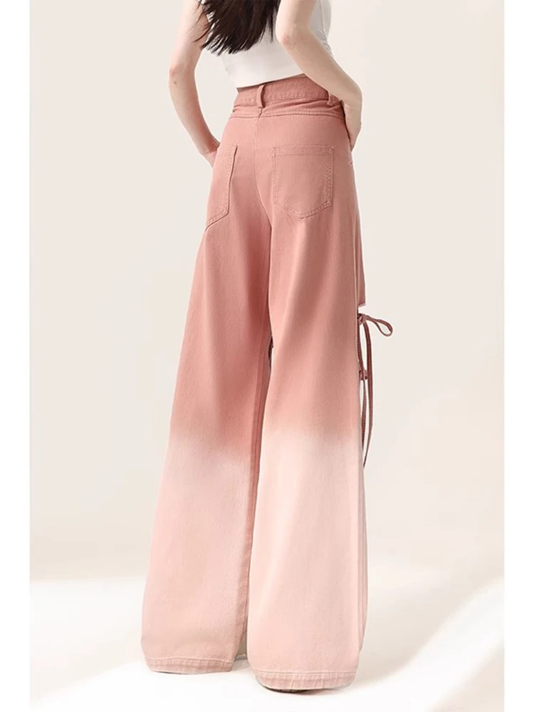Large Size Cute Pink Heart Shape Summer Thin Lace-up Jeans Women's Loose Fashion High Waist Straight Wide Leg Ripped Floor Pants - Image 6