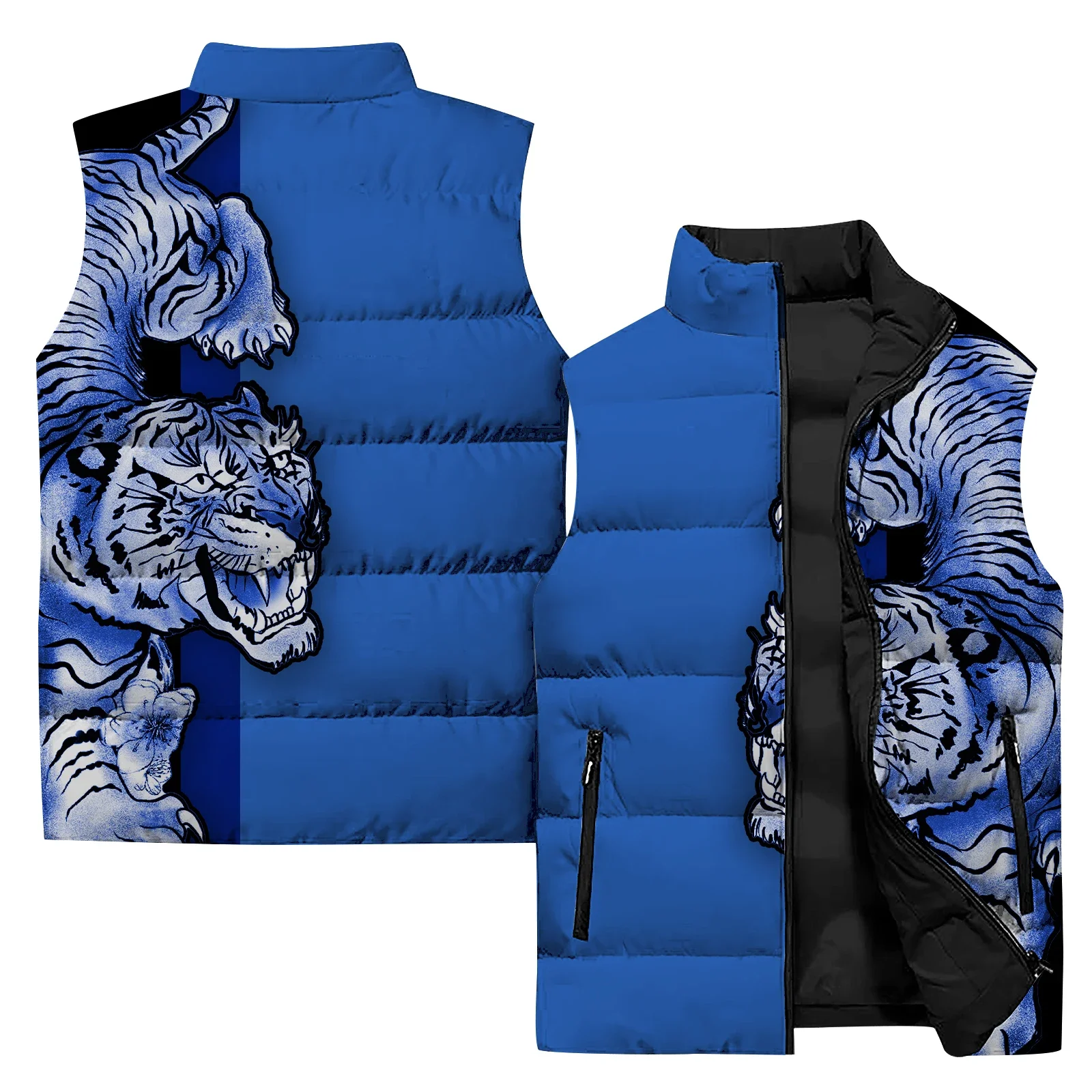 thumbnail image 1 of Chaleco elegante con estampado de tigre blanco para hombre, moderno y versátil, cómodo y cálido, resistente al viento y al frío, chalecos para hombre, ropa para hombre, abrigos, 1 of 4