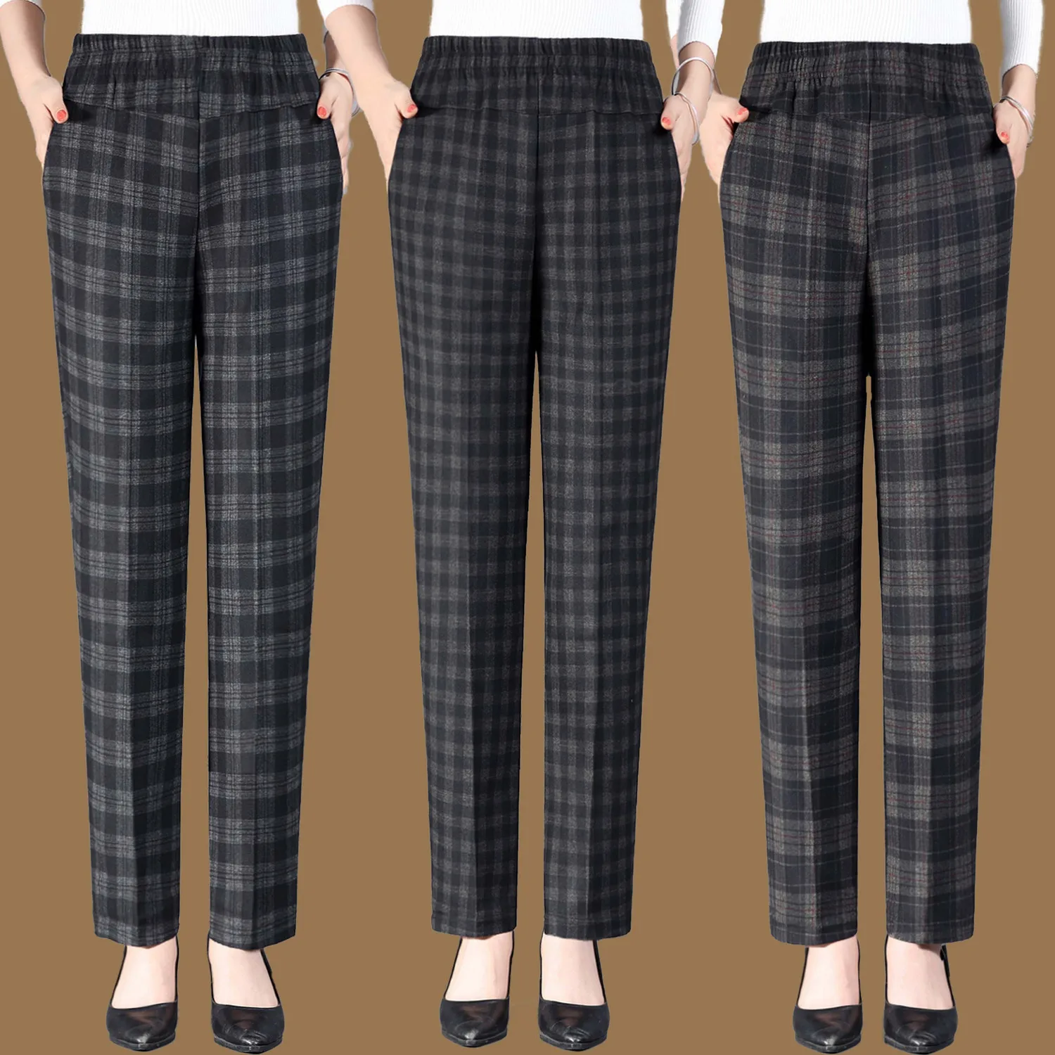 Spring New Korean Women's High Waist Elastic Plaid Casual Pants Patchwork Pockets Breathable Loose Versatile Straight Trousers