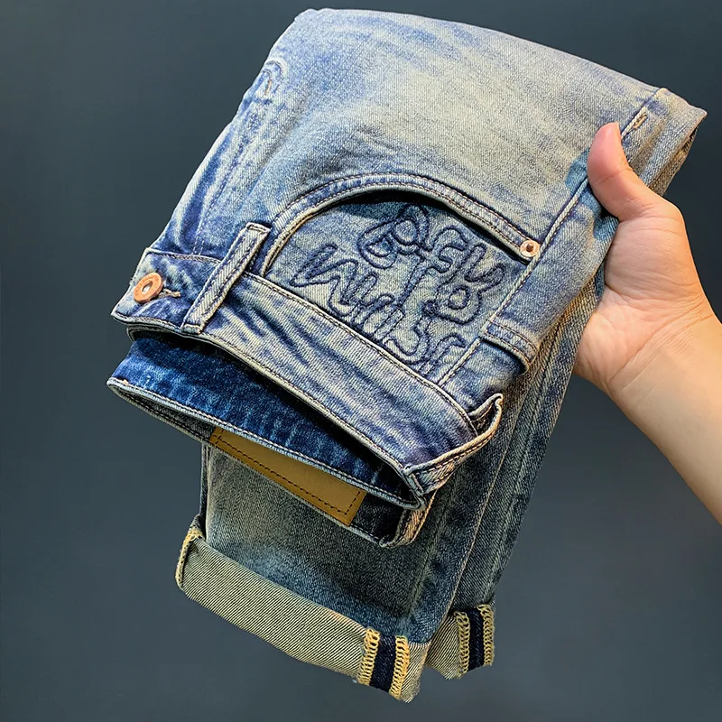 High-End Men's Jeans Summer Thin Trendy Embroidered Scratched Light Blue Stretch Casual Cropped Harem Pants