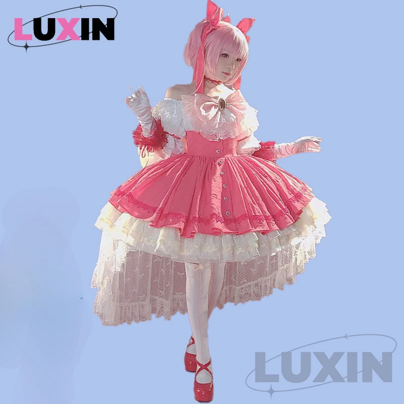 

Puella Magi Madoka Magica Kaname Madoka Elegant Dress Cosplay Costume Halloween Party Pink Wig Hair Role Play Outfit Women