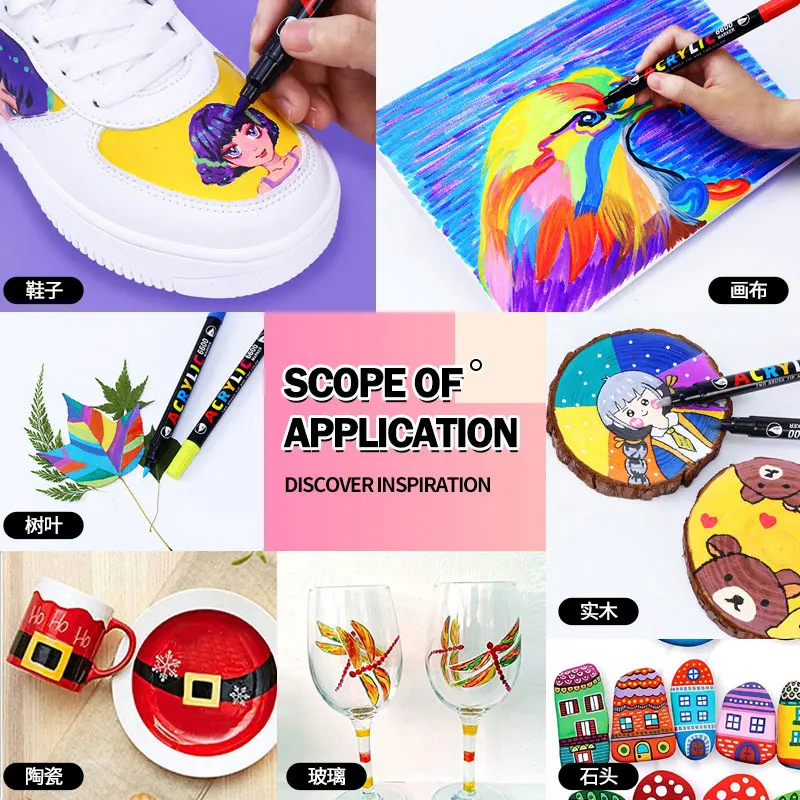 Double Head Brush Acrylic Paint Markers Pens for Stone Ceramic Fabric DIY Painting Card All Surfaces Art Supplies 36/84Color