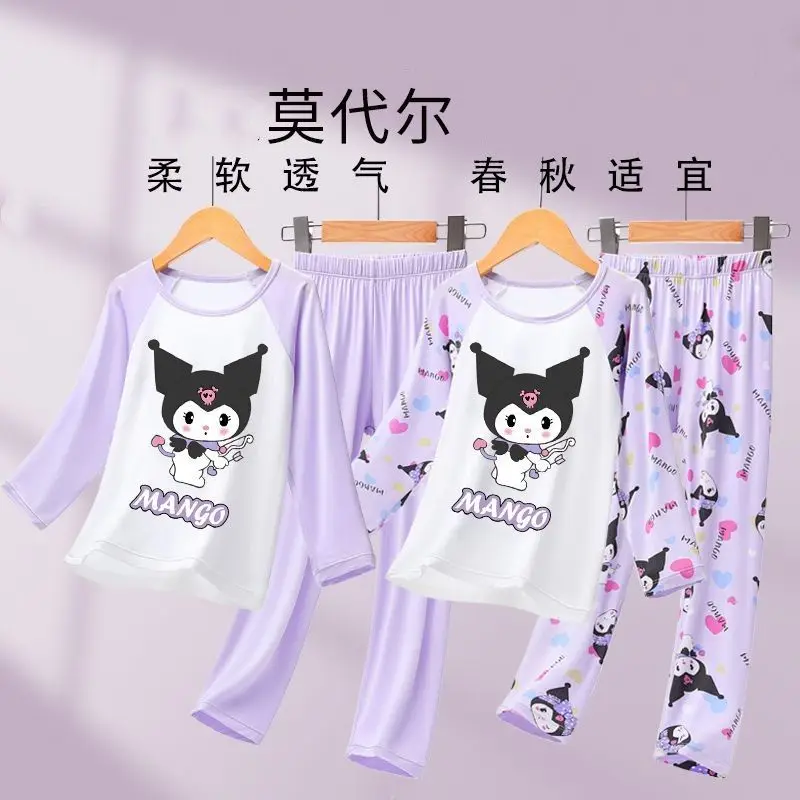 

Sanrio new Kuromi autumn clothes and long pants for girls, kawaii pajamas, children's skin-friendly modal home clothes set