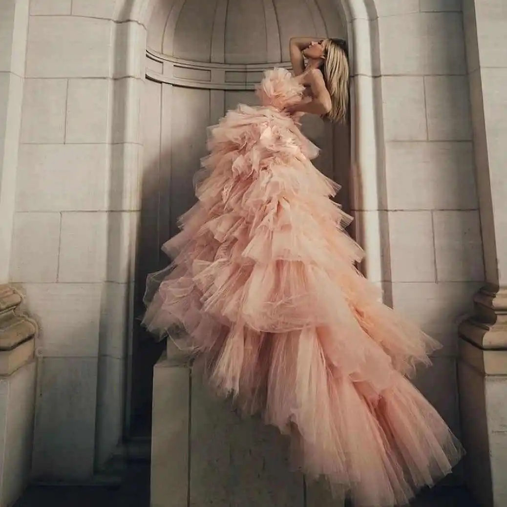 

Fashion Photography Prom Gown Long Layered Dubai Lush A Line Maxi Dress To Party Off Shoulder Tulle Prom Gowns Ruffled Fluffy
