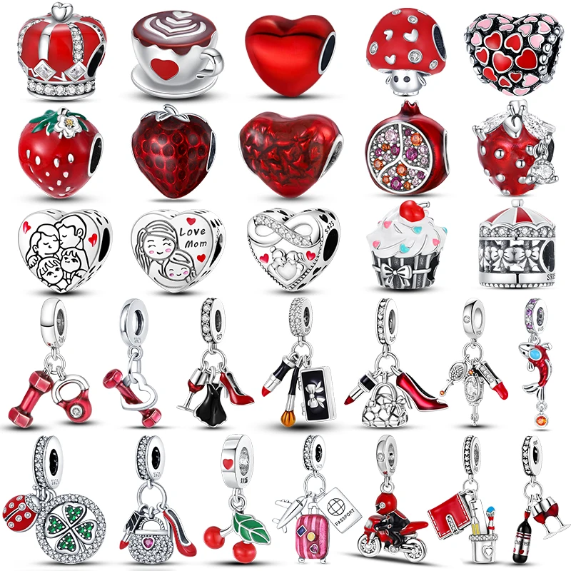 Beads Charms 925 Sterling Silver Red Color Series Heart Shape Fit Pandora 925 Original Bracelets Lucky Jewelry Gifts