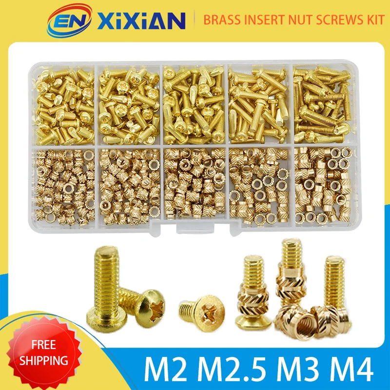 M2 M2.5 M3 M4 Brass Threaded Insert Nut and Bolts Set Phillips Cross Countersunk or Round Head Screws with Heat Knurled Nut Kit