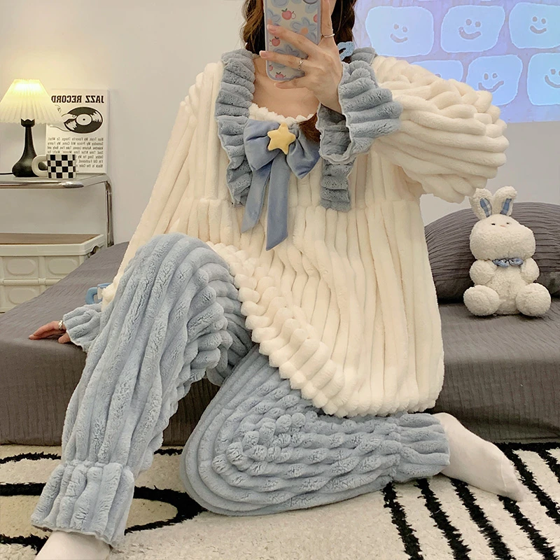 

Winter Coral Velvet Women's Pajamas Thickened Flannel College Style Sleepwear Women Cute Sweet Warm Long Sleeves Homewear Suits