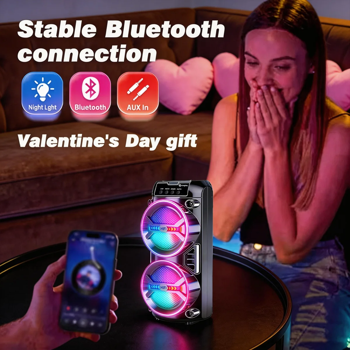 휴대용 무선 스피커 (RGB LED 조명, TF/USB/FM 라디오, AUX 입력, 야간 조명, 홈/야외 캠핑 선물용 파티 스피커)